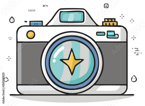 Retro styled cartoon camera with starburst in lens, doodle elements, simple flat illustration