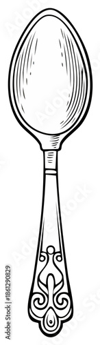 Black and white ornate spoon engraving with decorative handle detailed kitchen utensil