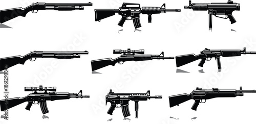 Firearm silhouettes, rifle, shotgun, submachine gun, tactical weapon, black outline, military gear, weapon grid, firearm comparison, isolated, collection