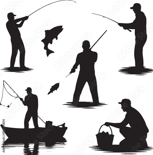 Silhouettes of people fishing in different styles and poses