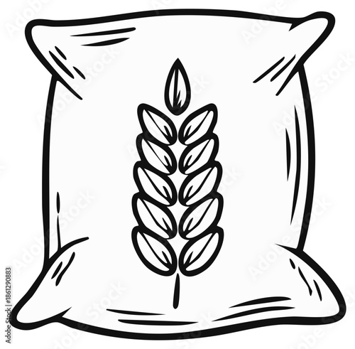 Simple illustration of a sack of grain with a wheat stalk motif