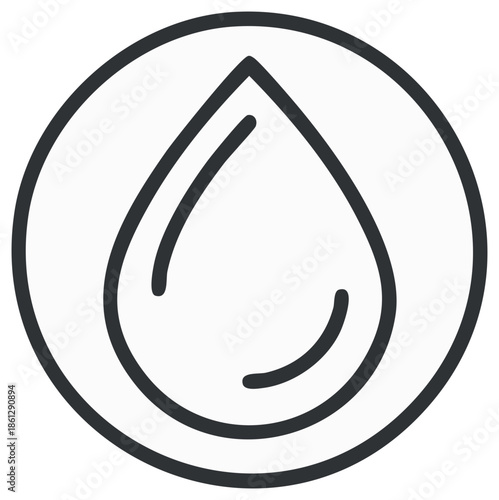 Simple line art of a water drop inside a circle symbolizing hydration and purity