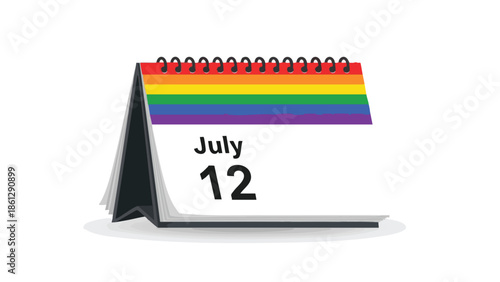 Vibrant desk calendar highlighting July 12 with a colorful rainbow top signifying diversity and celebration of LGBTQ+ community events and milestones.