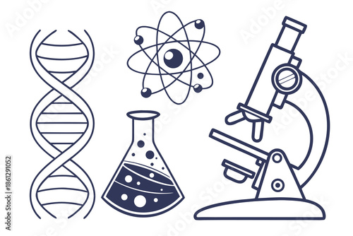 Illustration of dna strand atom flask with liquid and microscope representing science and research