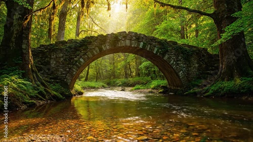 Stone bridge spanning river in lush forest sunlight