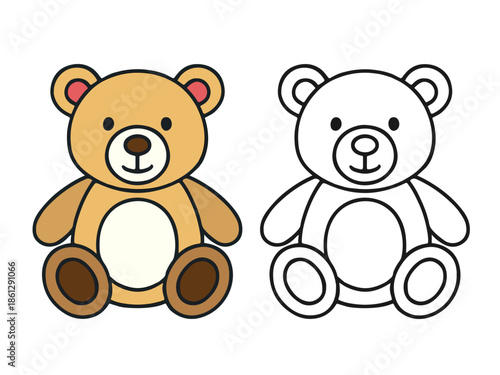 Simple teddy bear illustration with a colored version and an outline version, cute and minimal style suitable for kids icons, stickers, educational content, and playful UI designs.
