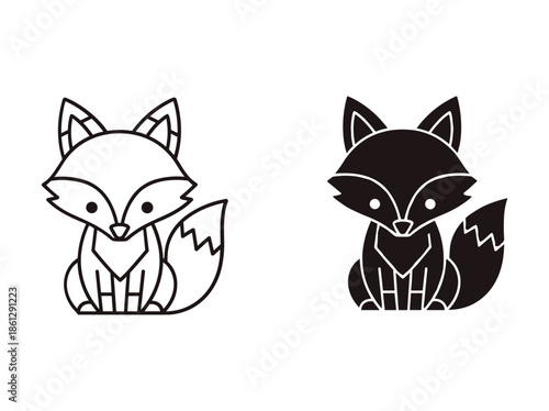 Cute cartoon fox illustration in black and white