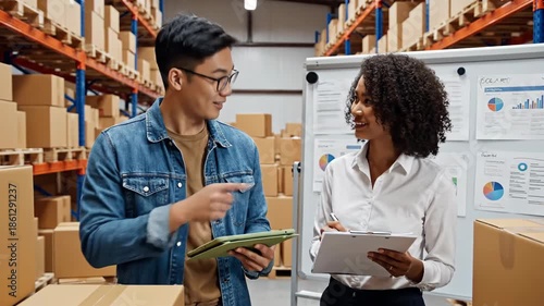 Warehouse worker checking inventory tablet alongside colleague reviewing data on whiteboard