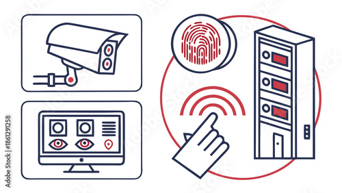 Illustration showing security camera, monitor with eye icons, fingerprint scan, and access control system device