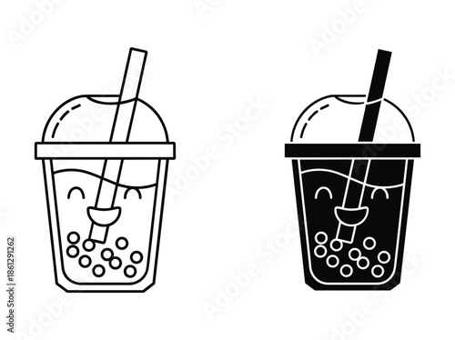 Cartoon bubble tea cups with straws and bubbles