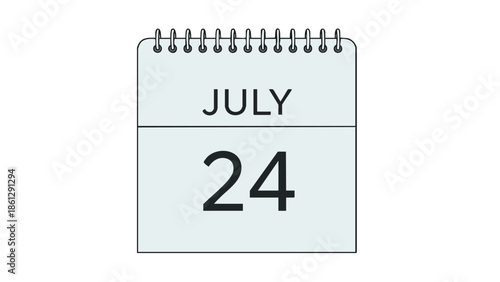 This modern vector graphic presents a single calendar page, prominently featuring the month July and the day twenty-four, with a sleek spiral binding.