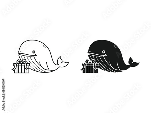 Cute cartoon whales with gift boxes