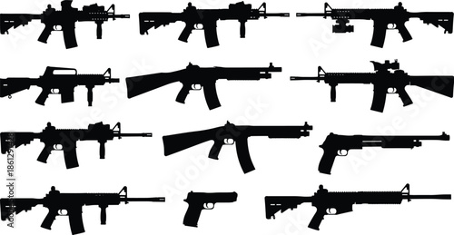 Firearm silhouettes, rifle, shotgun, handgun, tactical weapon, black outline, military gear, gun collection, firearm comparison, weapon profile, isolated