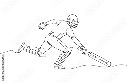 Single continuous line illustration of a cricket batsman playing a shot. Minimal outline style showing motion, balance, and sports action, suitable for modern sports and design concepts.