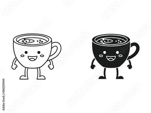 Cartoon coffee cups with happy faces standing and smiling