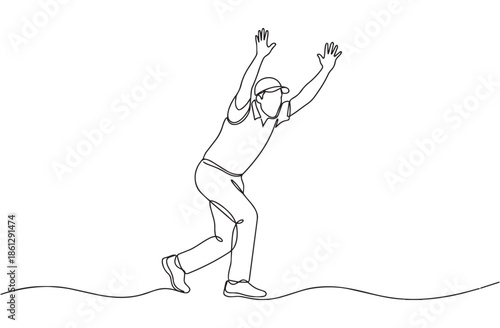 Single continuous line illustration of a cricket player appealing for a wicket. Minimal outline style capturing sports action and movement.