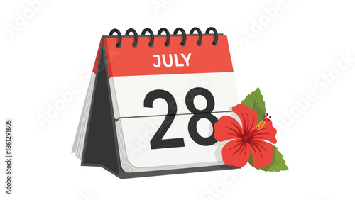 Vibrant July 28 calendar with a beautiful red hibiscus, perfect for summer event reminders