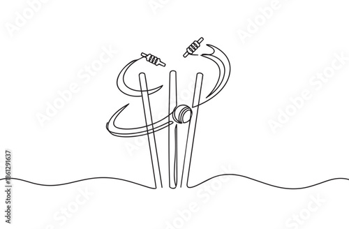 Single continuous line illustration of broken cricket stumps with the ball hitting the wicket. Minimal outline style showing a wicket moment.