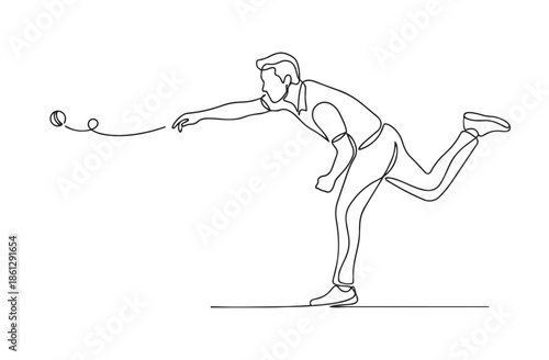 Single continuous line illustration of a cricket bowler releasing the ball during delivery. Minimal outline style showing motion and sports action.