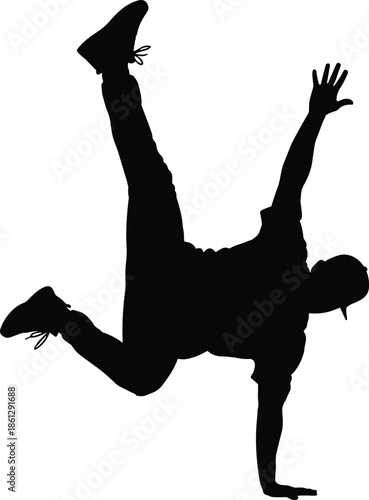 Breakdance dancer silhouette vector illustration, urban hip hop street dance pose, athletic freestyle movement, black and white dynamic action icon