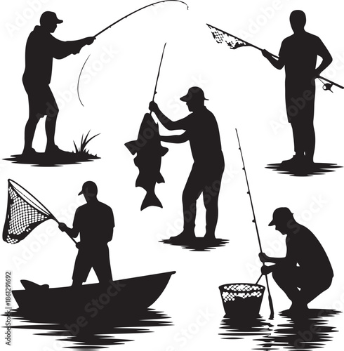 Silhouettes of people engaged in various fishing activities by the water