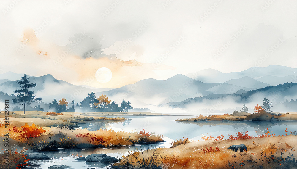 Obraz premium Misty autumn river sparse trees mountainous background