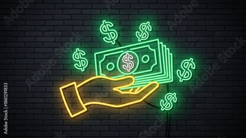 Neon sign of hand holding dollar bills on brick wall background