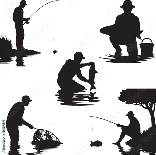 Silhouettes of people engaged in various fishing activities by the water