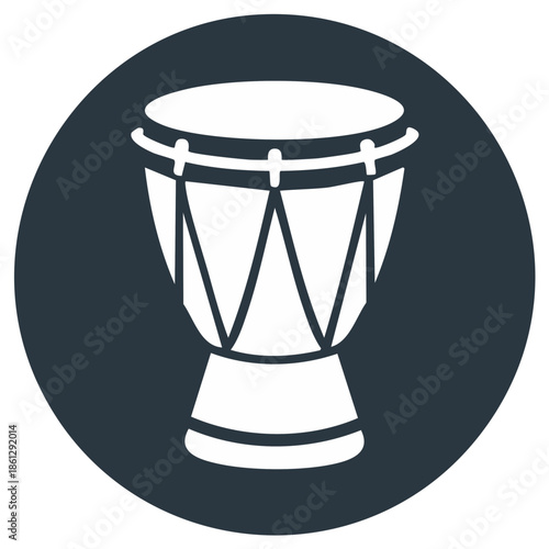 White djembe drum silhouette icon on dark blue circle background