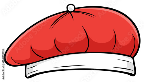 Red beret cartoon illustration, classic artistic hat with a white brim, headwear fashion.
