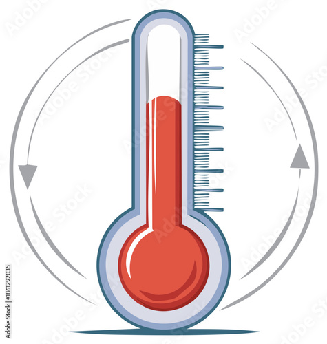 Thermometer Showing High Temperature with Circular Arrows Indicating Heat Cycle