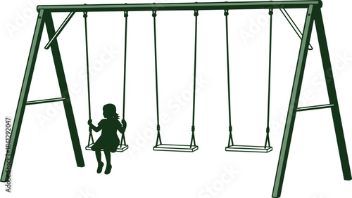 Playground swing set vector illustration, child silhouette on swing, outdoor park equipment, childhood play concept, minimal flat design icon graphic