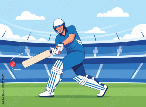 Flat vector illustration of a cricket batsman playing a shot on a stadium field. Dynamic sports action scene in modern cartoon style.