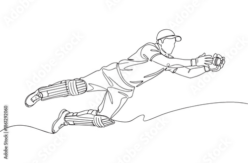Schilderij op canvas Single continuous line illustration of a cricket player diving to catch the ball