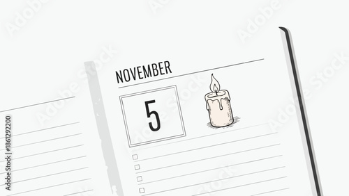 A minimalist planner page highlighting November 5th with a hand-drawn burning candle illustration and lines for daily notes a unique artistic visual