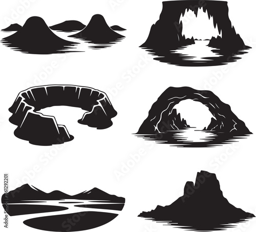 Illustrated rock formations and caves isolated on transparent background