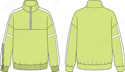 Sport jacket front and back view vector illustration, modern half zip sweatshirt design, minimalist fashion apparel template for clothing production
