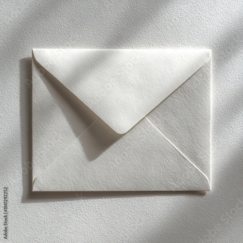 Elegant white envelope on textured background with dappled sunlight shadow