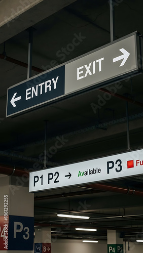 Parking garage signs indicating entry exit and available spaces