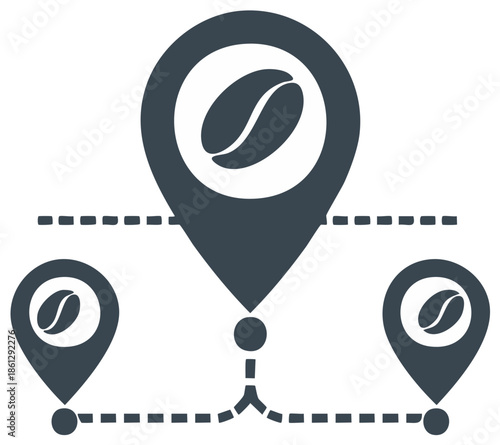 Coffee Location Pointers Map Navigation Route With Coffee Bean Symbol