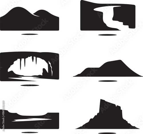 Minimalist landscape and cave icons set isolated on transparent background