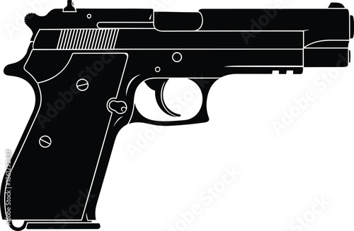 Black handgun silhouette, semi-automatic pistol, firearm icon, tactical weapon, side profile, safety graphic, gun vector, mechanical detail, grip design