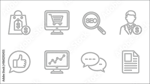 Shopping bag with price tag and dollar coin icon set is vector illustration of outline style suitable for various design needs