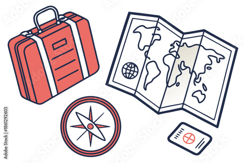 Illustration of a red suitcase, a world map, a compass and a passport for travel planning concept