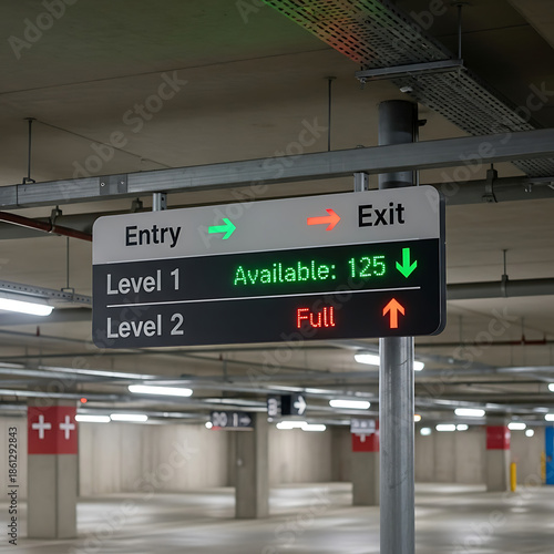 Parking garage sign with entry exit and level indicators