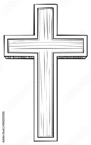 Hand drawn wooden Christian cross illustration in a black and white sketch style for religious concepts