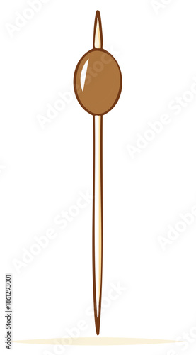Simple cartoon vector illustration of a single brown olive on a wooden toothpick