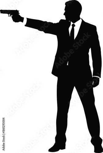 Man silhouette, suit, handgun, pointing pose, secret agent, black figure, action stance, isolated, white background, crime, thriller, weapon