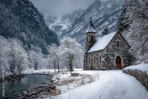 Snowy chapel in remote mountain valley