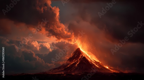 Erupting volcano with lava and smoke under dramatic dark clouds